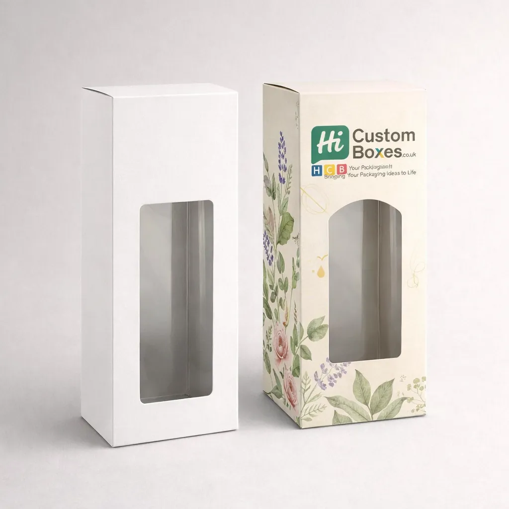 Two white retail cartons with cutout windows, one blank and one featuring blue floral patterns. class=